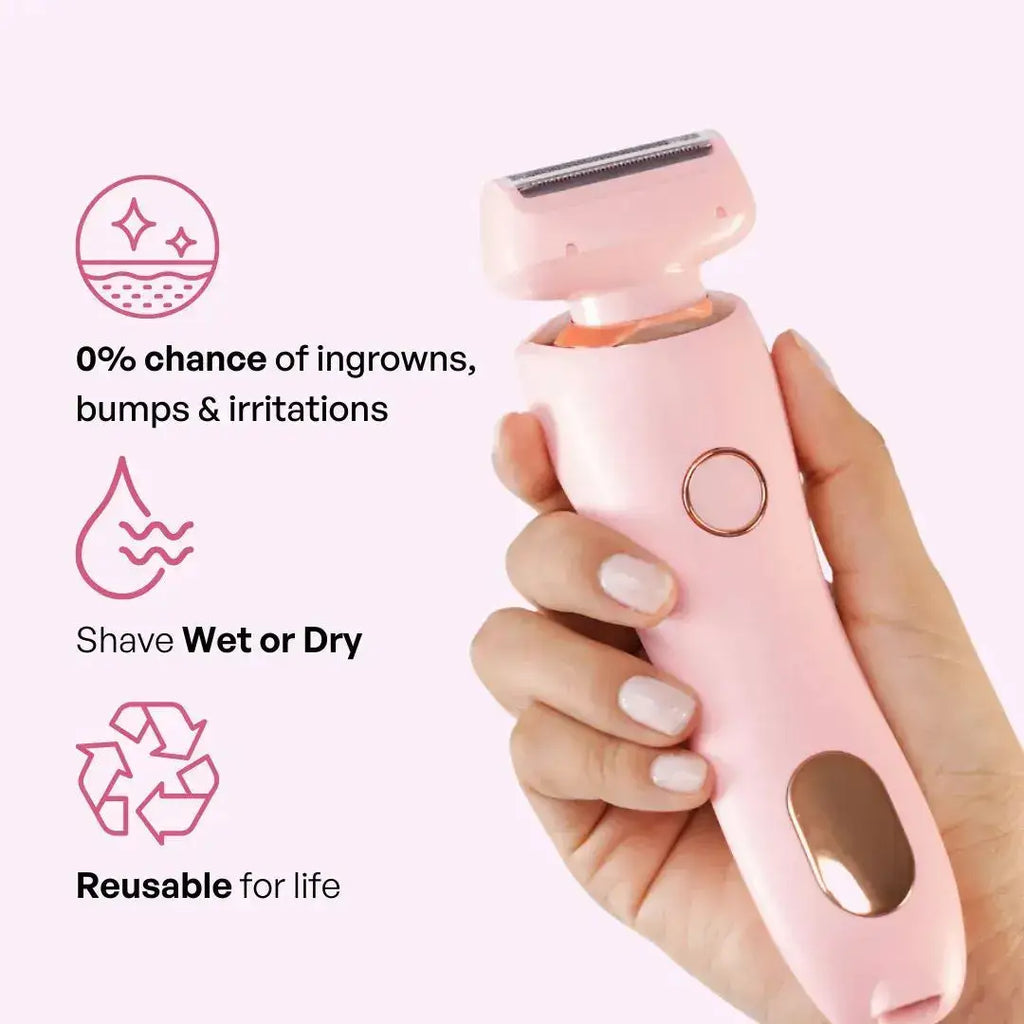 Pink electric shaver held by a hand with features highlighted on a white background